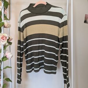 Vintage Olive Yellow White Ribbed Stripe Cozy Mock Neck Sweater